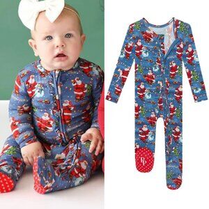 Posh Peanut Bamboo Santa Claus Ruffle Blue Zippy Footie 3-6 months Christmas NWT